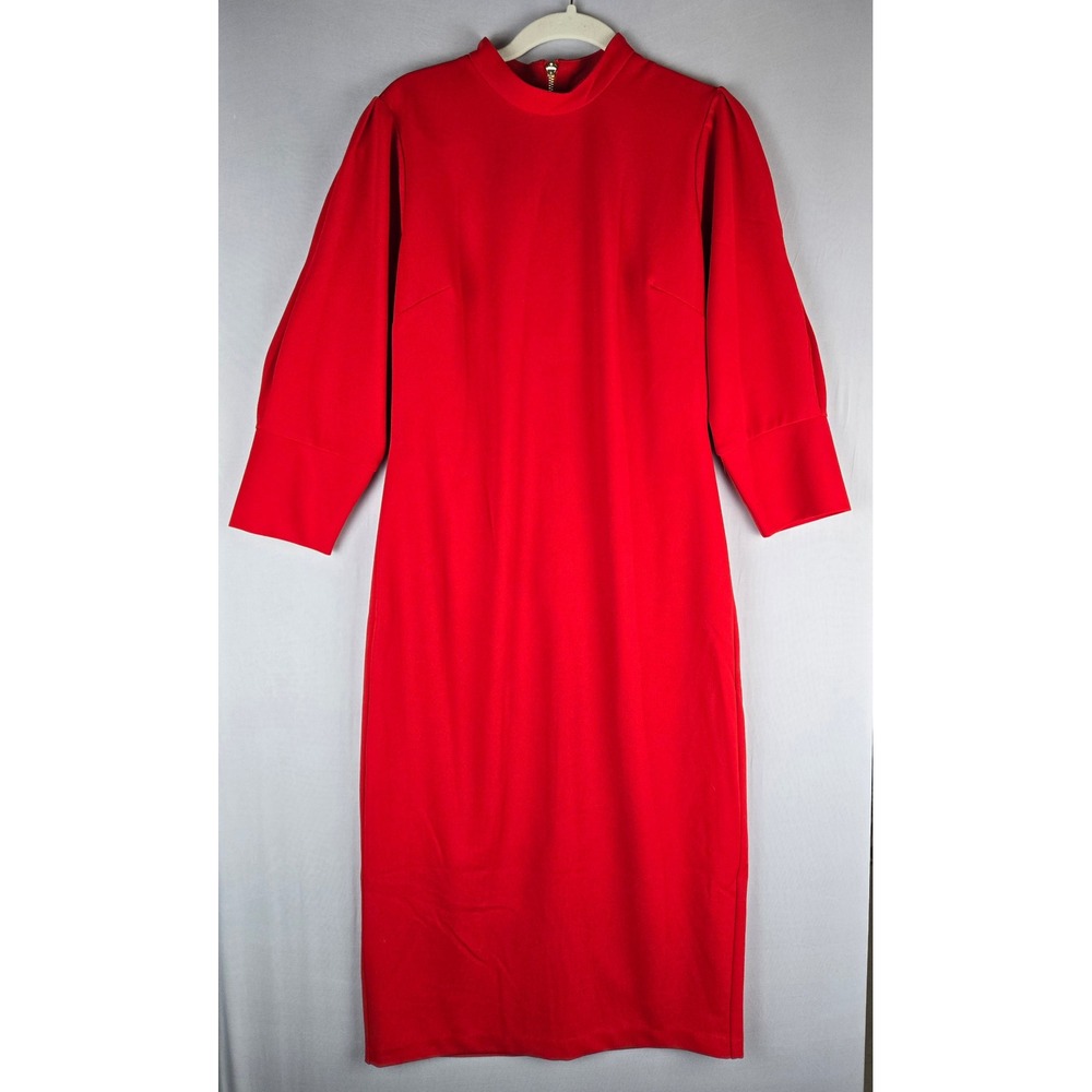 Alexia Admor Red Puff Sleeve Mock Neck Midi Sheath Dress Gold Zipper NWT Size M